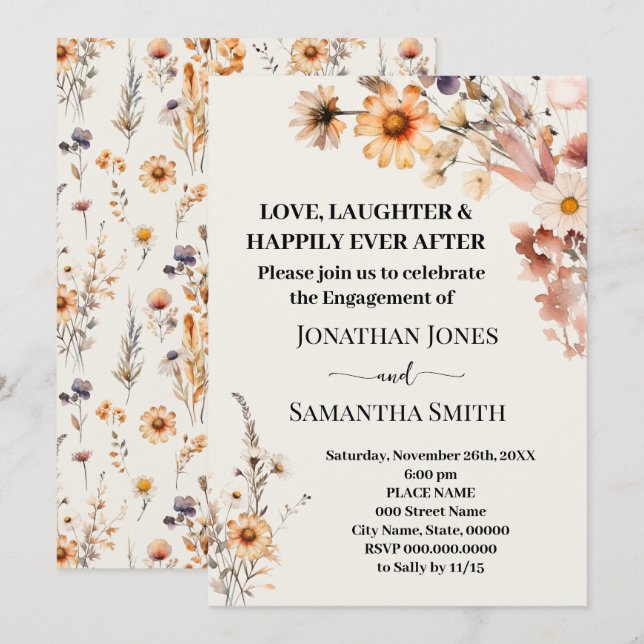 Love Laughter Happily Engagement Fall Wildflowers Invitation (Front/Back)