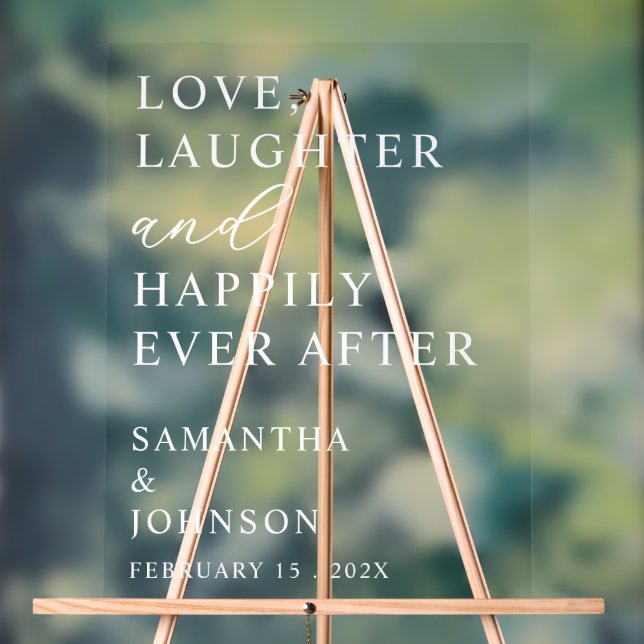 Love, Laughter & Happily Ever After Custom Wedding Acrylic Sign (Neutral)