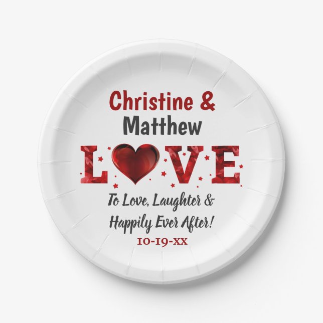 Love Laughter Happily Ever After Red Wedding Paper Plate (Front)