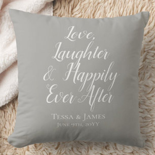 Love Laughter Happily Ever After   Wedding Date Cushion