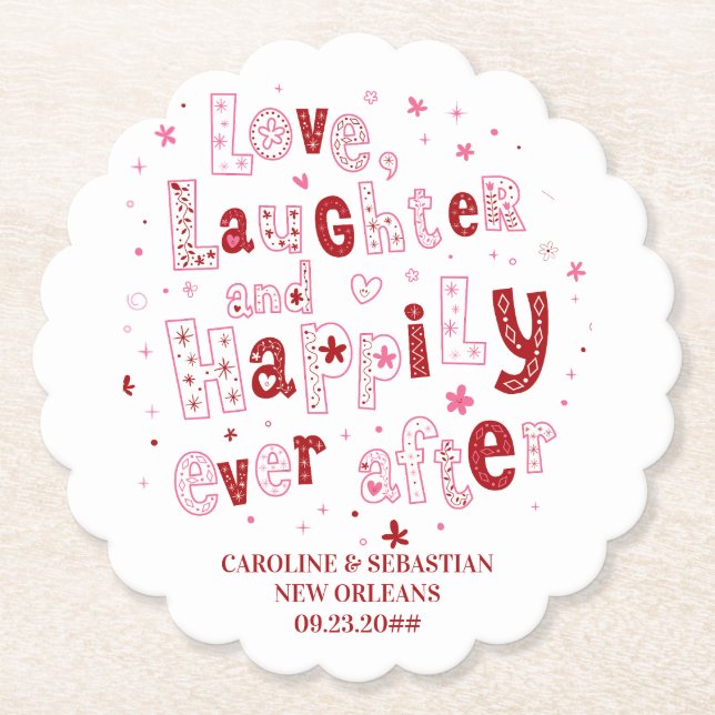 Love Laughter Happily Ever Personalised Wedding Paper Coaster (Front)