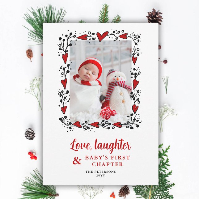 Love Laughter Heart Holidays Baby Announcement (love laughter hearts frame holidays christmas baby announcement family photo card diy red black chic)