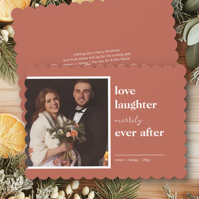Love Laughter Merrily Ever After Wedding Photo Holiday Card (Merrily Ever After Christmas Photo Card by Darling & May)