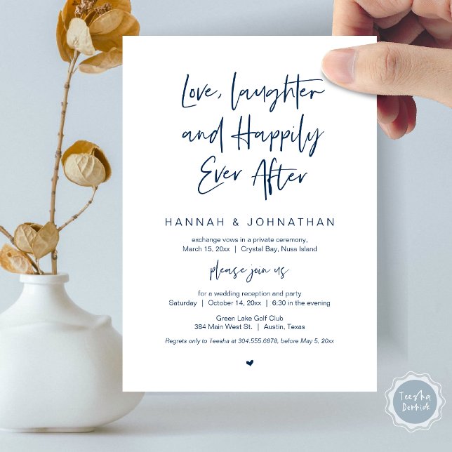 Love, Laughter, Navy Blue, Wedding Elopement Party Invitation (Love Laughter Happily Ever After Wedding Elopement Dinner Party Invitation Card, PDF, Navy Blue)