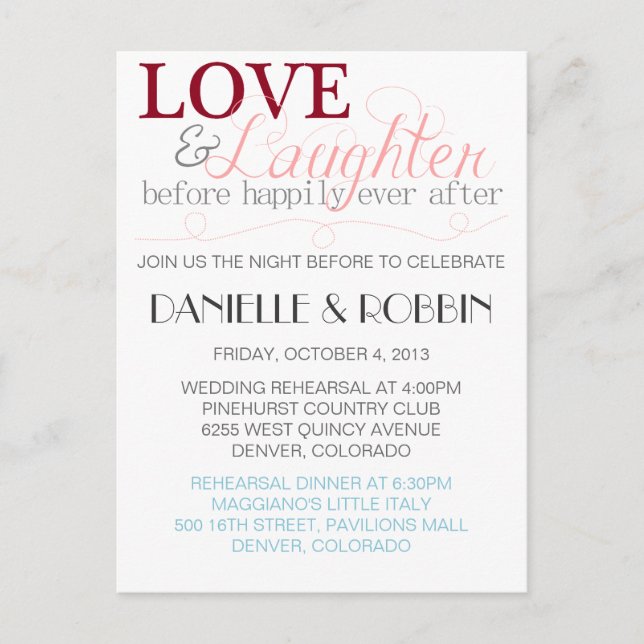 Love & Laughter Rehearsal Invitation Postcard (Front)