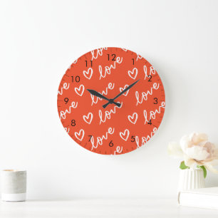 Love Lettering & Heart Doodles - Red Large Clock
