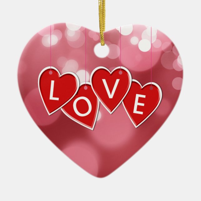 Love Lettering Red Hearts Ceramic Tree Decoration (Front)