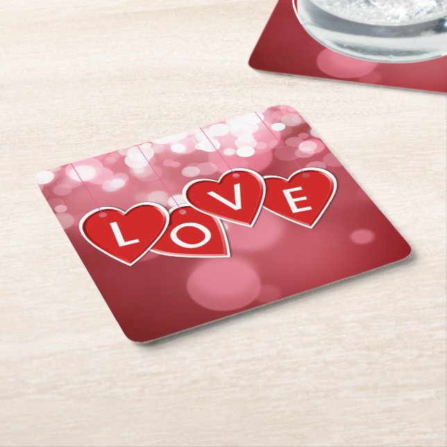 Love Lettering Red Hearts Square Paper Coaster (Angled)
