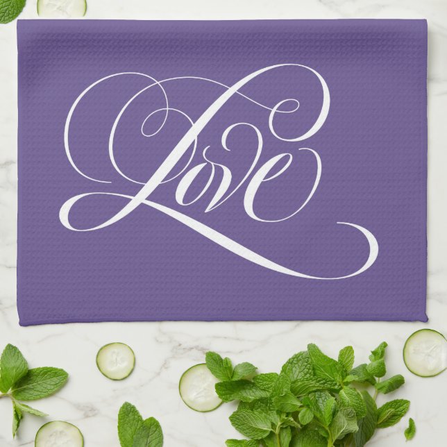 LOVE Lettering Ultra Violet Purple Calligraphy Tea Towel (Folded)