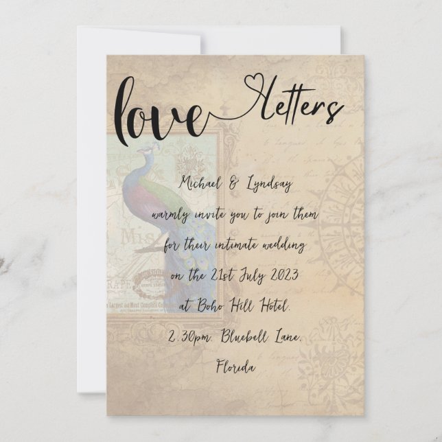Love Letters Handwritten Vintage Peacock Wedding Invitation (Front)