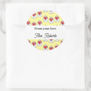 Love letters pattern on yellow classic round sticker