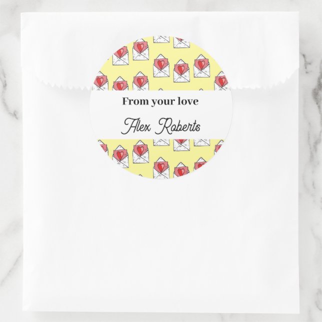 Love letters pattern on yellow classic round sticker (Bag)