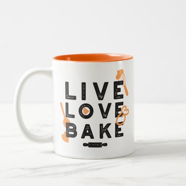 Love Life, Bake Bliss: Inspirational Baking Quotes Two-Tone Coffee Mug (Left)