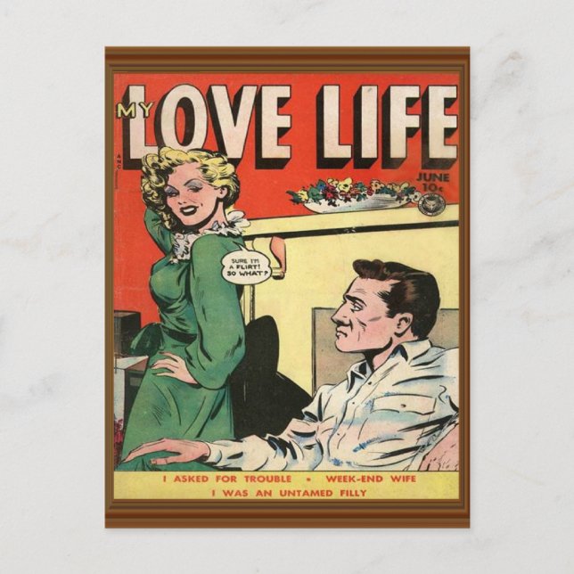 Love Life Flirt Romance Comic Illustration Retro  Postcard (Front)