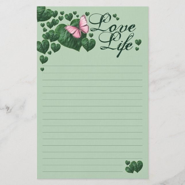 Love Life-Pink Butterfly with Heart Leaves Stationery (Front)