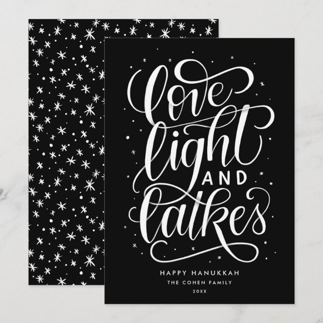 Love Light and Latkes on Black Hanukkah Holiday Card (Front/Back)