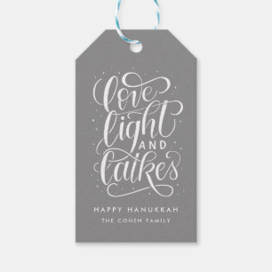 Love Light and Latkes on Grey Hanukkah Gift Tags