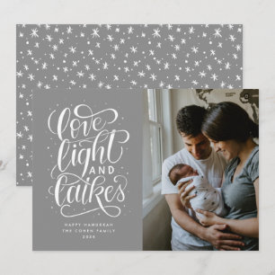 Love, Light and Latkes on Grey Photo Hanukkah Holiday Card