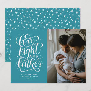 Love, Light and Latkes on Teal Photo Hanukkah Holiday Card