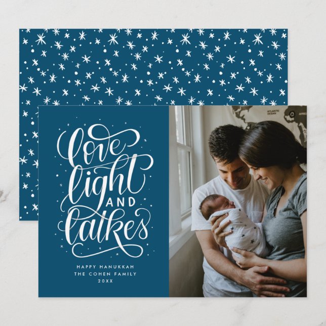 Love, Light and Latkes Photo Hanukkah Holiday Card (Front/Back)