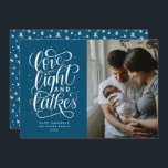 Love, Light and Latkes Photo Hanukkah Holiday Card<br><div class="desc">This modern single photo Hanukkah card features the hand lettered phrase "love,  light and latkes" and a fun hand drawn pattern on the back.</div>