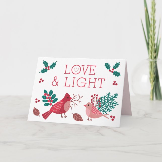 Love & Light Christmas Birds Berries Holiday Card (Front)