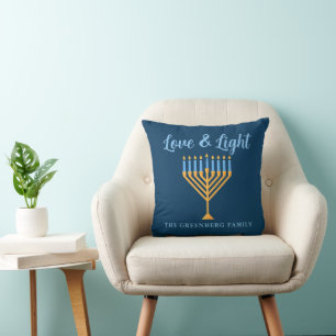 Love & Light Custom Blue Gold Hanukkah Menorah Cushion