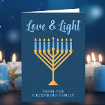 Love & Light Custom Blue Gold Hanukkah Menorah Holiday Card<br><div class="desc">Cute custom Love and Light Hanukkah folded card for a Jewish family or a Chanukah party with a synagogue. Personalise with your own last name or group information in blue under the pretty gold menorah.</div>