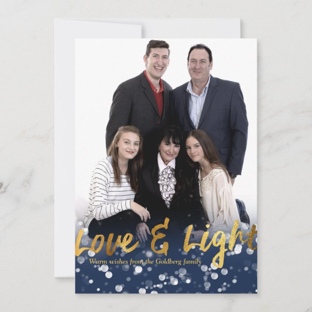 Love & Light | Faux Foil Lovely Hanukkah Photo Holiday Card (Front)
