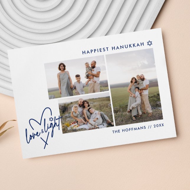Love & Light Heart Hanukkah 3 Photo Card (Creator Uploaded)
