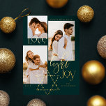 Love Light Joy Star David Hanukkah 3 Photo Collage Foil Holiday Card<br><div class="desc">Elegant Hanukkah three photo collage card featuring an elegant typography design "Love Joy Light" in gold. Sparkling gold stars create the star of David. Artwork by Moodthology Papery.</div>
