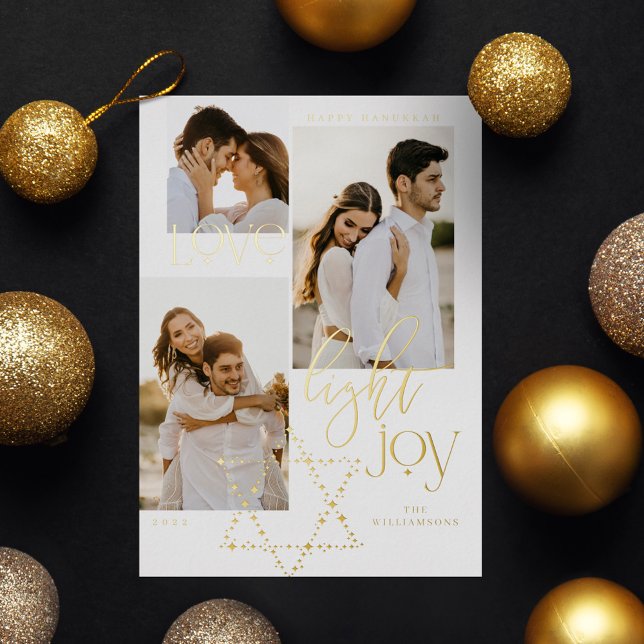 Love Light Joy Star David Hanukkah 3 Photo Collage Foil Holiday Card (Love Light Joy Star David Hanukkah 3 Photo Collage Foil Holiday Card)