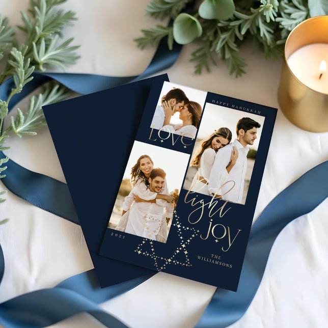 Love Light Joy Star David Hanukkah Photo Collage Holiday Card (Love Light Joy Star David Hanukkah Photo Collage Holiday Card)