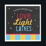Love Light Latkes Black Hanukkah Funny Quote Napkin<br><div class="desc">Love Light Latkes Black Hanukkah Funny Quote Paper napkins will brighten up your family Hanukkah Party! This colourful, humourous saying really stands out on the black starry-night background. Sure to make friends & Family smile. Includes space for your name or message. If you would like to see a variation of...</div>