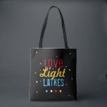 Love Light Latkes Funny Hanukkah Bright on Black Tote Bag<br><div class="desc">Practical and Fun- the perfect combination, This Love Light Latkes Black Hanukkah Funny Quote Tote will set a festive Chanukah tone wherever it goes this Holiday Season! Sure to make friends & family smile. The colourful, humourous saying really stands out on the black starry-night background. Includes space for your message...</div>