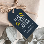 Love, Light & Latkes | Hanukkah Gift Tags<br><div class="desc">Dress up your Hanukkah gifts with these festive tags. Design features a rich navy blue background with "love,  light,  latkes" in white lettering accented with golden yellow stars. Customise with a name and/or personalised Hanukkah greeting. Blank on reverse side.</div>
