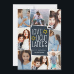 Love, Light & Latkes | Hanukkah Photo Collage Holiday Card<br><div class="desc">Fun and festive Hanukkah photo card features eight photos arranged in a collage layout. "Love,  light,  latkes" appears in the centre in white lettering on a dark blue background accented with stars. Personalise with your names and the year.</div>