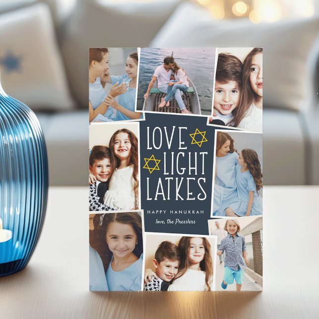 Love, Light & Latkes | Hanukkah Photo Collage Holiday Card (Creator Uploaded)