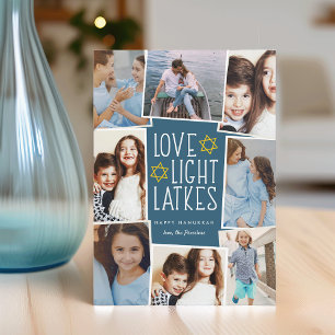 Love, Light & Latkes   Hanukkah Photo Collage Holiday Card