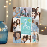Love, Light & Latkes | Hanukkah Photo Collage Holiday Card<br><div class="desc">Fun and festive Hanukkah photo card features eight photos arranged in a collage layout. "Love,  light,  latkes" appears in the centre in white lettering on a bright turquoise blue background accented with stars. Personalise with your names and the year.</div>