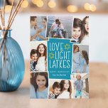Love, Light & Latkes | Hanukkah Photo Collage Holiday Card<br><div class="desc">Fun and festive Hanukkah photo card features eight photos arranged in a collage layout. "Love,  light,  latkes" appears in the centre in white lettering on a blue background accented with stars. Personalise with your names and the year.</div>