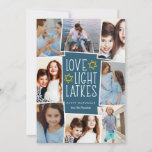 Love, Light & Latkes | Hanukkah Photo Collage Holiday Card<br><div class="desc">Fun and festive Hanukkah photo card features eight photos arranged in a collage layout. "Love,  light,  latkes" appears in the centre in white lettering on a dark blue background accented with stars. Personalise with your names and the year.</div>