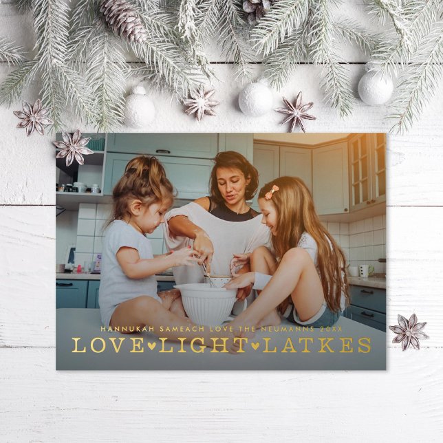 Love Light Latkes Hanukkah Photo Foil Holiday Card (Creator Uploaded)