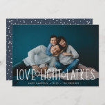 Love, Light & Latkes | Hanukkah Photo Holiday Card<br><div class="desc">Cute and lighthearted Hanukkah photo card features your favourite horizontal or landscape orientated photo with "love,  light,  latkes" overlaid in white lettering accented with stars of David. Personalise with your Hanukkah greeting,  names and the year beneath. Cards reverse to a pattern of snow and stars.</div>