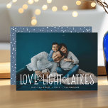 Love, Light & Latkes | Hanukkah Photo Holiday Card<br><div class="desc">Cute and lighthearted Hanukkah photo card features your favourite horizontal or landscape orientated photo with "love,  light,  latkes" overlaid in white lettering accented with stars of David. Personalise with your Hanukkah greeting,  names and the year beneath. Cards reverse to a pattern of snow and stars.</div>