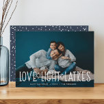 Love, Light & Latkes | Hanukkah Photo Holiday Card<br><div class="desc">Cute and lighthearted Hanukkah photo card features your favourite horizontal or landscape orientated photo with "love,  light,  latkes" overlaid in white lettering accented with stars of David. Personalise with your Hanukkah greeting,  names and the year beneath. Cards reverse to a pattern of snow and stars.</div>
