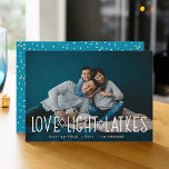 Love, Light & Latkes | Hanukkah Photo Holiday Card<br><div class="desc">Cute and lighthearted Hanukkah photo card features your favourite horizontal or landscape orientated photo with "love,  light,  latkes" overlaid in white lettering accented with stars of David. Personalise with your Hanukkah greeting,  names and the year beneath. Cards reverse to a pattern of snow and stars.</div>