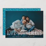 Love, Light & Latkes | Hanukkah Photo Holiday Card<br><div class="desc">Cute and lighthearted Hanukkah photo card features your favourite horizontal or landscape orientated photo with "love,  light,  latkes" overlaid in white lettering accented with stars of David. Personalise with your Hanukkah greeting,  names and the year beneath. Cards reverse to a pattern of snow and stars.</div>