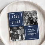 Love & Light Modern Hanukkah Photo Holiday Card<br><div class="desc">Show off your square photos in this simple, modern Hanukkah photo card. Design features a four square layout with a navy blue background and "Love and Light" in modern white block lettering. Use the two customisable text fields to add a custom greeting and your family name. Photography © Storytree Studios,...</div>