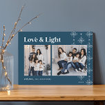 Love & Light | Modern Snowflakes Hanukkah Holiday Card<br><div class="desc">A modern and festive design for your holiday greetings featuring two photos aligned side by side, on an on-trend winter blue background adorned with snowflake garlands along the right side. "Love & Light" appears across the top in retro lettering, with your family name and the year along the bottom. A...</div>